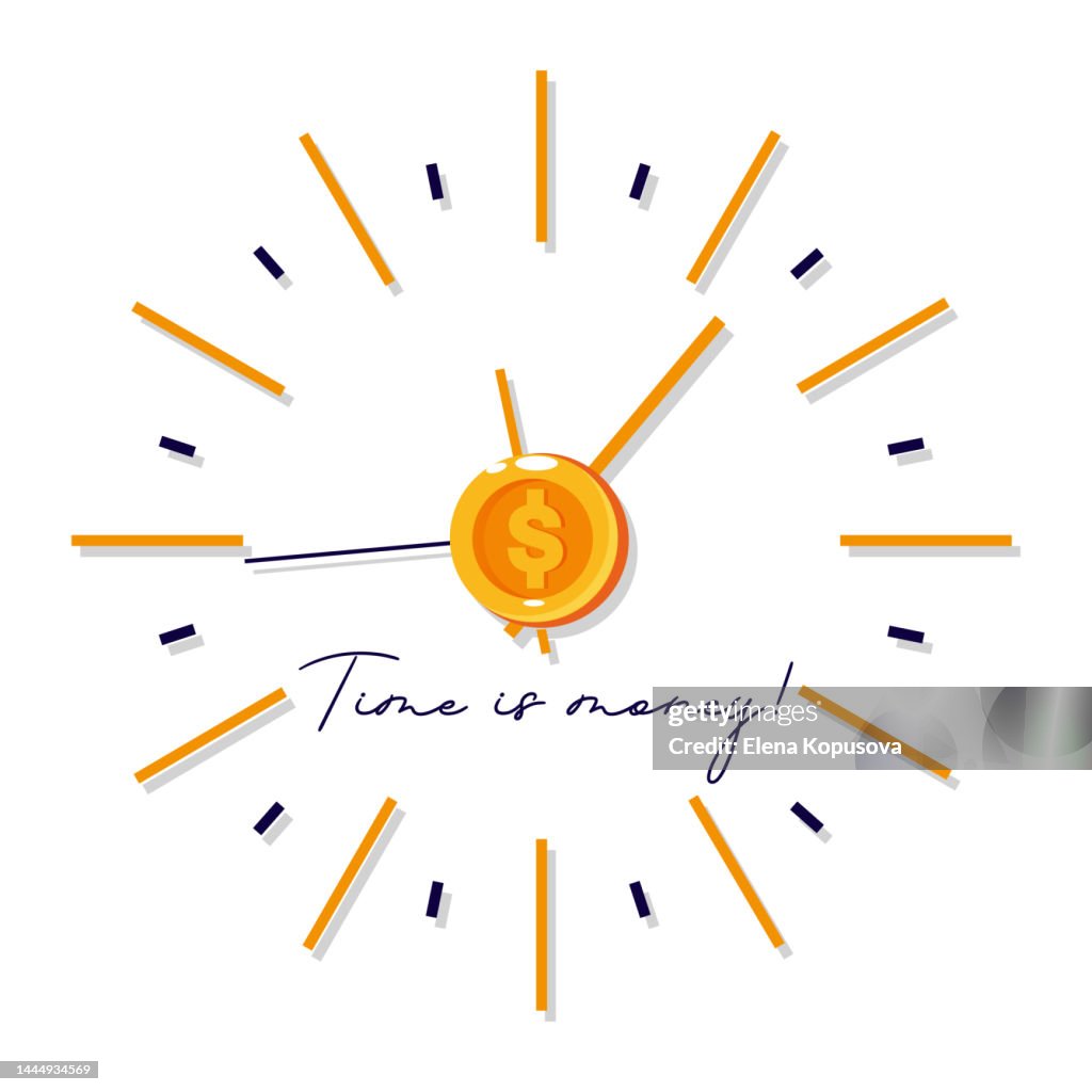 Time is money in flat style. Clock with an arrow and a dollar coin on an isolated white background.