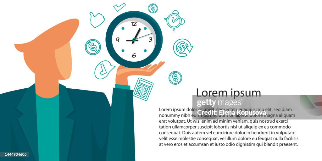 Business and time concept in flat style. Businessman holding clock with line icons on isolated white background with space for text.