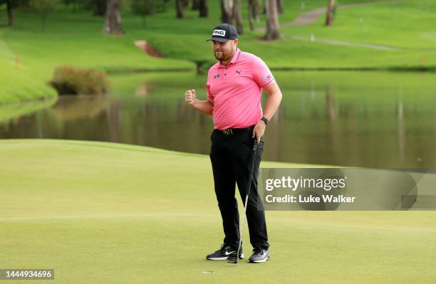 Dan Bradbury of England celebrates winning on the 18th during the final round of the Joburg Open at Houghton GC on November 27, 2022 in Johannesburg,...