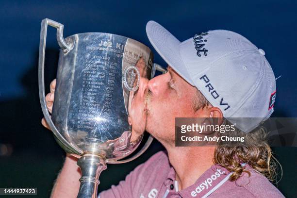 Cameron Smith of Australia kisses the Kirkwood Cup after victory on the 18th green during Day 4 of the 2022 Australian PGA Championship at the Royal...