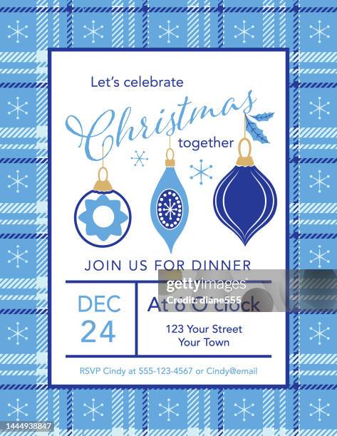 christmas party invitation template with ornaments and a plaid border - christmas tartan stock illustrations