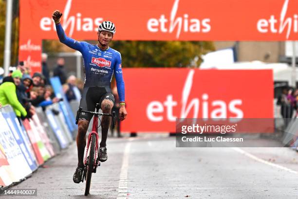 Mathieu Van Der Poel of The Netherlands and Team Alpecin-Deceuninck celebrates at finish line as race winner during the 7th UCI Cyclo-cross World Cup...