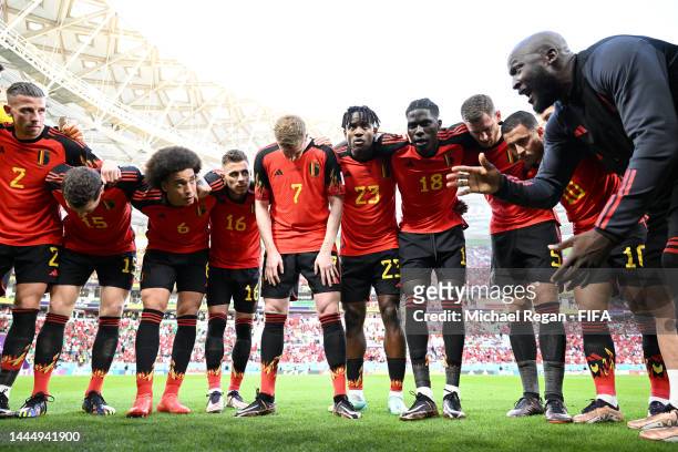 Belgium players huddle prior to the FIFA World Cup Qatar 2022 Group F match between Belgium and Morocco at Al Thumama Stadium on November 27, 2022 in...
