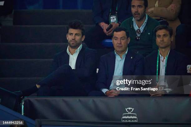 Gerard Pique, Juan Manuel Moreno Bonilla, president of Andalucia and David Ferrer asist to the Davis Cup by Rakuten Finals 2022 Final match between...