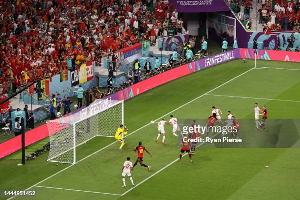Hakim Ziyech of Morocco scores a goal off a free kick that was ruled offside during the FIFA World Cup Qatar 2022 Group F match between Belgium and...