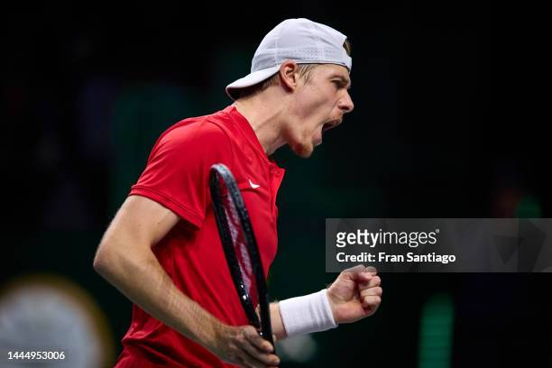 Denis Shapovalov of Canada celebrates a point during the Davis Cup by Rakuten Finals 2022 Final singles match between Australia and Canada at Palacio...