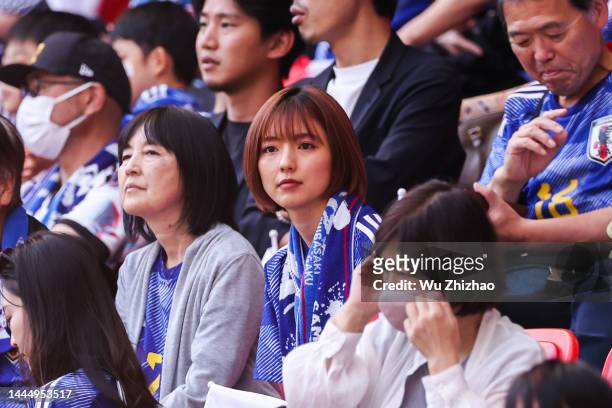 Gaku Shibasaki's wife watches from stands during the FIFA World Cup Qatar 2022 Group E match between Japan and Costa Rica at Ahmad Bin Ali Stadium on...