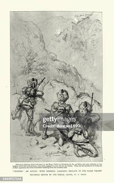 british indian soldiers fighting afridi's in the bazar valley, mountain warfare, military history, tirah campaign, victorian 19th century - sa sports illustrated stock illustrations