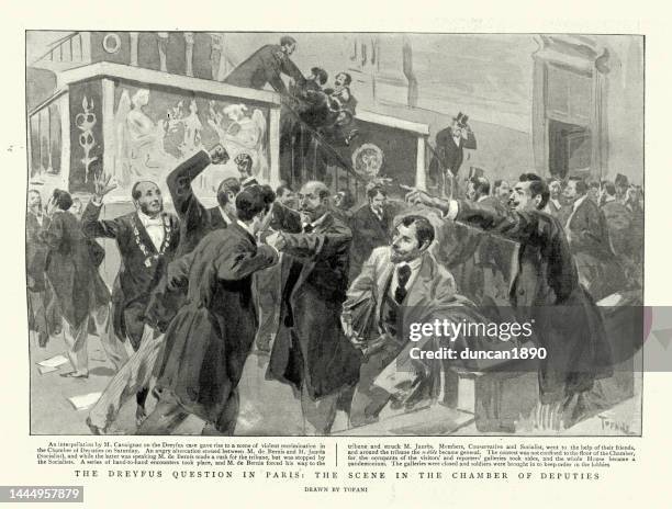 fight between politicians in chamber of deputies, paris, over the dreyfus question, 1898, 19th century - alfred dreyfus stock illustrations