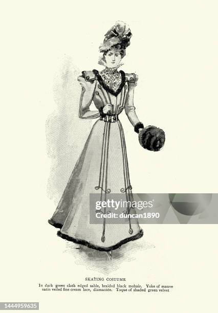 ilustrações, clipart, desenhos animados e ícones de modas femininas vitorianas da década de 1890, traje de patinação, vestido, muff, chapéu, século 19 - regalo