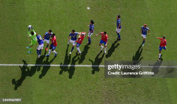 Shuichi Gonda of Japan makes a save during the FIFA World Cup Qatar 2022 Group E match between Japan and Costa Rica at Ahmad Bin Ali Stadium on...