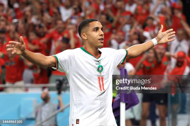 Abdelhamid Sabiri of Morocco celebrates after scoring their team's first goal during the FIFA World Cup Qatar 2022 Group F match between Belgium and...