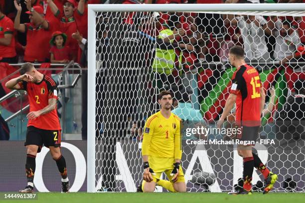 Thibaut Courtois of Belgium shows dejection after Morocco's first goal during the FIFA World Cup Qatar 2022 Group F match between Belgium and Morocco...