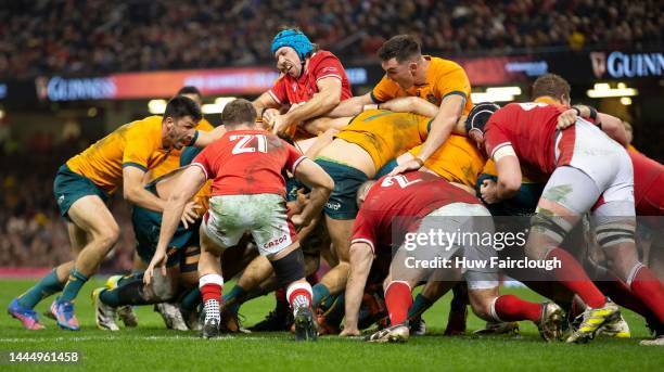 Fraser McReight and the Australian pack drive over to score a try Justin Tipuric Captain of Wales fails to prevent the score during the Autumn...