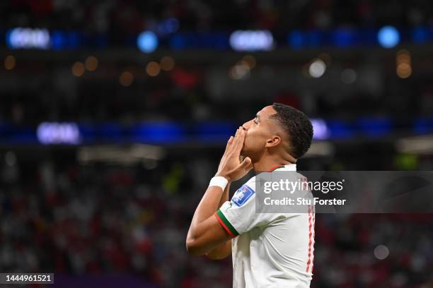 Abdelhamid Sabiri of Morocco celebrates after scoring their team's first goal during the FIFA World Cup Qatar 2022 Group F match between Belgium and...