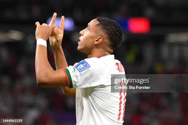 Abdelhamid Sabiri of Morocco celebrates after scoring their team's first goal during the FIFA World Cup Qatar 2022 Group F match between Belgium and...