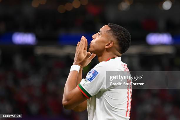 Abdelhamid Sabiri of Morocco celebrates after scoring their team's first goal during the FIFA World Cup Qatar 2022 Group F match between Belgium and...