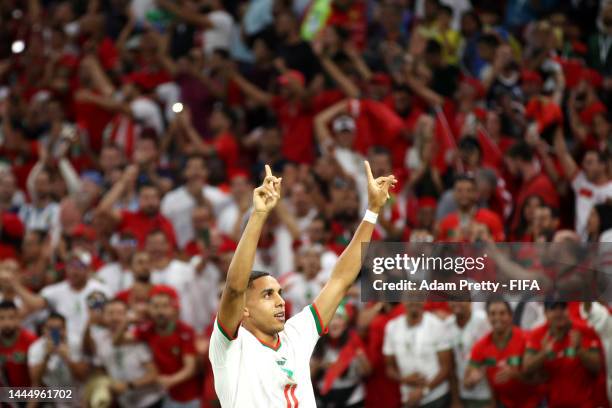 Abdelhamid Sabiri of Morocco celebrates after scoring their team's first goal during the FIFA World Cup Qatar 2022 Group F match between Belgium and...