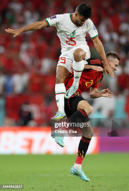 Yahya Attiat-Allah of Morocco battles for possession with Timothy Castagne of Belgium during the FIFA World Cup Qatar 2022 Group F match between...