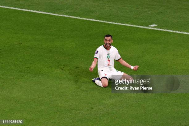 Hakim Ziyech of Morocco celebrates his side's second goal during the FIFA World Cup Qatar 2022 Group F match between Belgium and Morocco at Al...