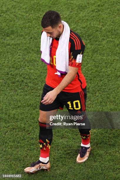 Eden Hazard of Belgium reacts after the 0-2 loss during the FIFA World Cup Qatar 2022 Group F match between Belgium and Morocco at Al Thumama Stadium...