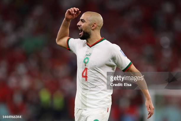 Sofyan Amrabat of Morocco celebrates his side's 2-0 victory in the FIFA World Cup Qatar 2022 Group F match between Belgium and Morocco at Al Thumama...