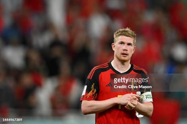 Kevin De Bruyne of Belgium applauds fans after the 0-2 loss during the FIFA World Cup Qatar 2022 Group F match between Belgium and Morocco at Al...