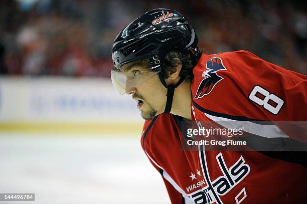 Alex Ovechkin of the Washington Capitals waits for a faceoff against the New York Rangers in Game Four of the Eastern Conference Semifinals during...
