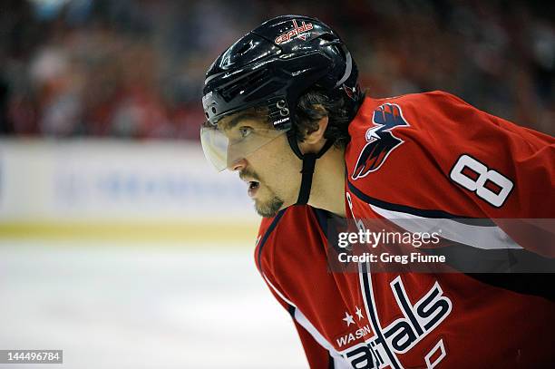 Alex Ovechkin of the Washington Capitals waits for a faceoff against the New York Rangers in Game Four of the Eastern Conference Semifinals during...