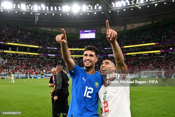 Munir El Kajoui and Achraf Hakimi of Morocco celebrate after the 2-0 win during the FIFA World Cup Qatar 2022 Group F match between Belgium and...