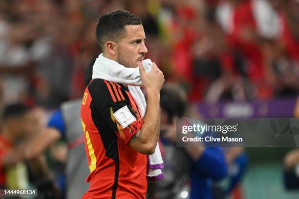 Eden Hazard of Belgium reacts after the 0-2 loss during the FIFA World Cup Qatar 2022 Group F match between Belgium and Morocco at Al Thumama Stadium...