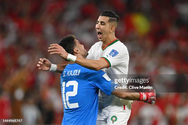 Munir El Kajoui and Jawad El Yamiq of Morocco celebrate after the 2-0 win during the FIFA World Cup Qatar 2022 Group F match between Belgium and...