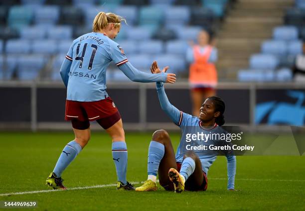 Khadija Shaw of Manchester City Women celebrate with team mate Julie Blakstad after scoring their team's 3rd goal during the FA Women's Continental...