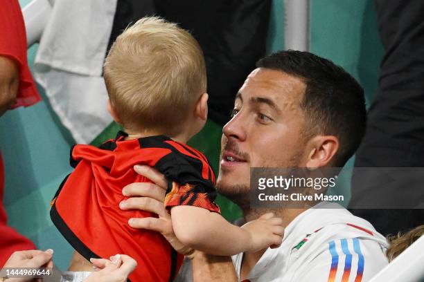 Eden Hazard of Belgium interacts with their family members after the 0-2 loss during the FIFA World Cup Qatar 2022 Group F match between Belgium and...