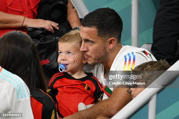 Eden Hazard of Belgium interacts with their family members after the 0-2 loss during the FIFA World Cup Qatar 2022 Group F match between Belgium and...