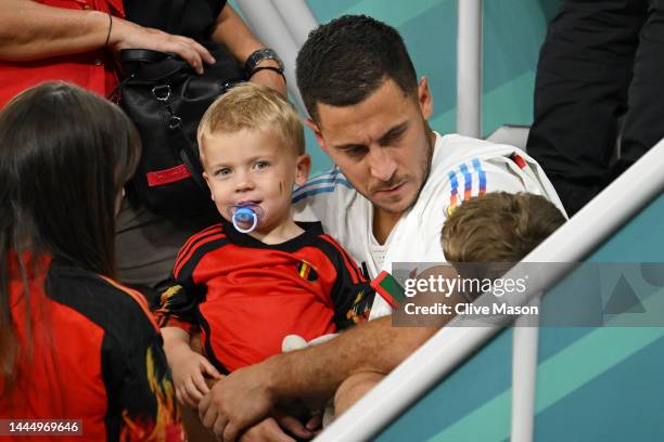 Eden Hazard of Belgium interacts with their family members after the 0-2 loss during the FIFA World Cup Qatar 2022 Group F match between Belgium and...