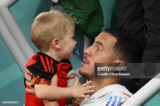 Eden Hazard of Belgium interacts with their family members after the 0-2 loss during the FIFA World Cup Qatar 2022 Group F match between Belgium and...