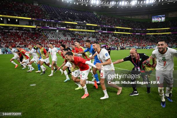Morocco players applaud fans after their 2-0 victory in the FIFA World Cup Qatar 2022 Group F match between Belgium and Morocco at Al Thumama Stadium...