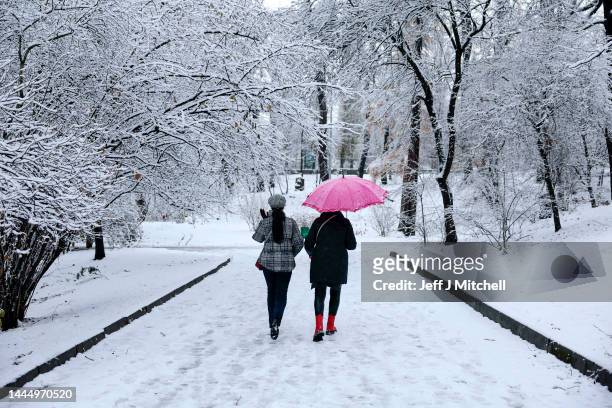 Members of the public are seen making their way through the snow in A.V. Fomin Botanical Garden on November 27, 2022 in Kyiv, Ukraine. In recent...