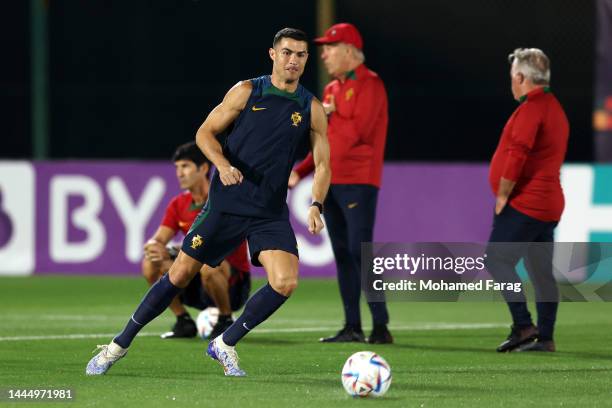 Cristiano Ronaldo of Portugal in action during the Portugal Training Session on match day -1 at Al Shahaniya Sports Club on November 27, 2022 in...
