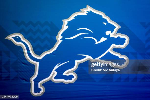 The Detroit Lions logo is pictured during the game against the Buffalo Bills at Ford Field on November 24, 2022 in Detroit, Michigan.