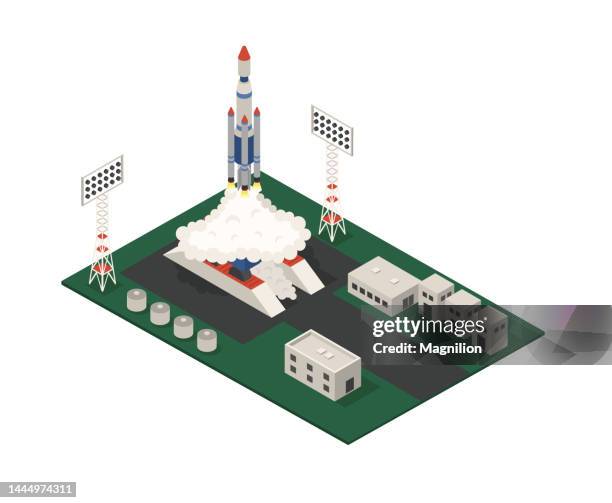 space shuttle launch at the spaceport isometric vector - new product launch icon stock illustrations