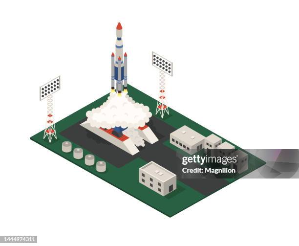 space shuttle launch at the spaceport isometric vector - dimensions launch party stock illustrations