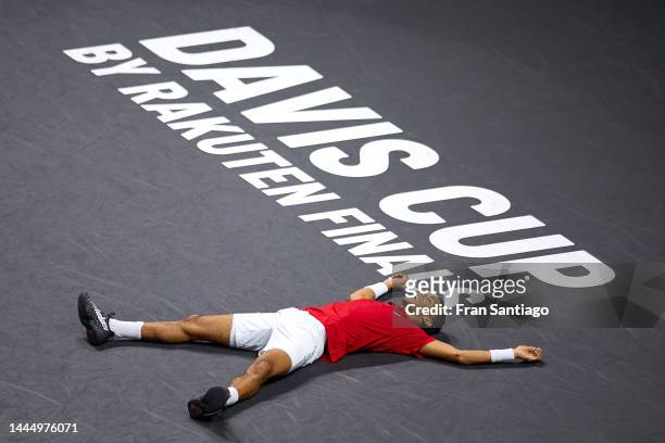 Felix Auger-Aliassime of Canada celebrates after winning the Davis Cup by Rakuten Finals 2022 Final singles match between Australia and Canada at...