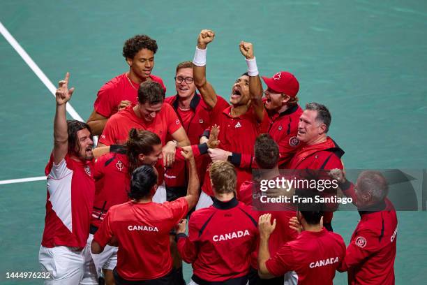 Felix Auger-Aliassime of Canada celebrates after winning the Davis Cup by Rakuten Finals 2022 Final singles match between Australia and Canada at...