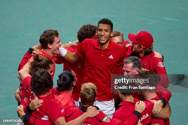 Felix Auger-Aliassime of Canada celebrates after winning the Davis Cup by Rakuten Finals 2022 Final singles match between Australia and Canada at...