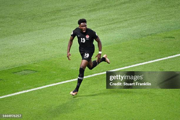 Alphonso Davies of Canada celebrates after scoring their team's first goal during the FIFA World Cup Qatar 2022 Group F match between Croatia and...