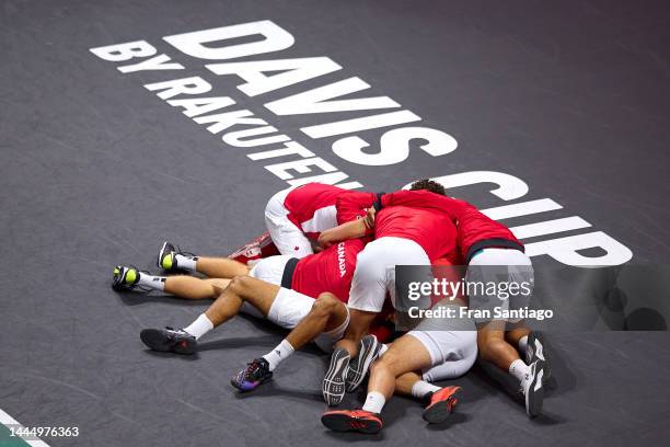 Felix Auger-Aliassime of Canada celebrates after winning the Davis Cup by Rakuten Finals 2022 Final singles match between Australia and Canada at...