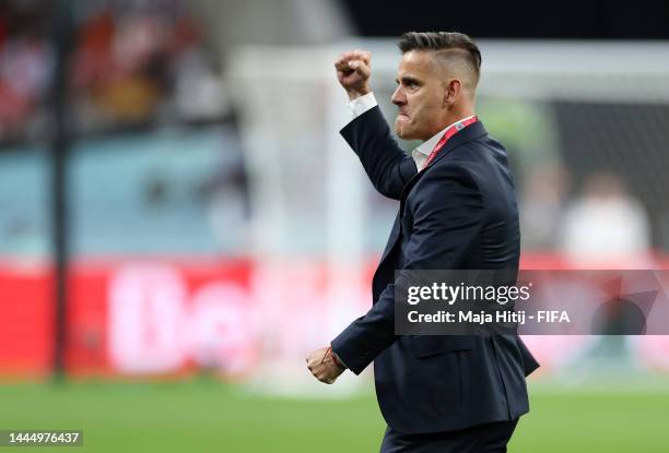 John Herdman, Head Coach of Canada,celebrates his side's first goal scored by Alphonso Davies during the FIFA World Cup Qatar 2022 Group F match...