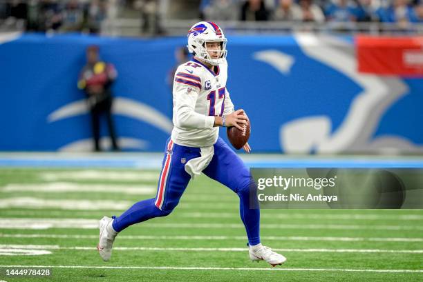 Josh Allen of the Buffalo Bills runs with the ball against the Detroit Lions at Ford Field on November 24, 2022 in Detroit, Michigan.